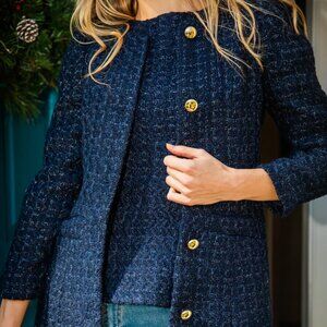 Current Season! Brand New Sail to Sable Navy Metallic Tweed Button Front Coat, M